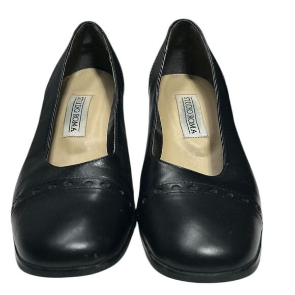 Vintage Leather Black Heels Studio Roma Block Heel Closed Toe Heels Size 8.5 - Picture 3 of 12